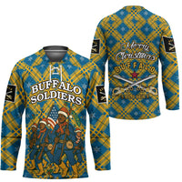 Buffalo Soldiers Christmas Hockey Jersey with Blue Yellow Plaid Parade Illustration Design - Wonder Print Shop