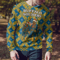 Buffalo Soldiers Christmas Ugly Christmas Sweater with Blue Yellow Plaid Parade Illustration Design - Wonder Print Shop