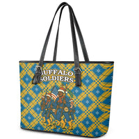 Buffalo Soldiers Christmas Leather Tote Bag with Blue Yellow Plaid Parade Illustration Design - Wonder Print Shop