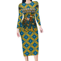 Buffalo Soldiers Christmas Long Sleeve Bodycon Dress with Blue Yellow Plaid Parade Illustration Design - Wonder Print Shop