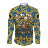 Buffalo Soldiers Christmas Long Sleeve Button Shirt with Blue Yellow Plaid Parade Illustration Design - Wonder Print Shop