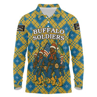 Buffalo Soldiers Christmas Long Sleeve Polo Shirt with Blue Yellow Plaid Parade Illustration Design - Wonder Print Shop
