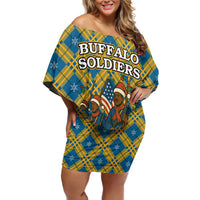 Buffalo Soldiers Christmas Off Shoulder Short Dress with Blue Yellow Plaid Parade Illustration Design - Wonder Print Shop