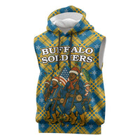 Buffalo Soldiers Christmas Sleeveless Hoodie with Blue Yellow Plaid Parade Illustration Design - Wonder Print Shop