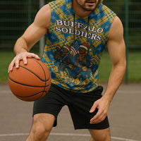 Buffalo Soldiers Christmas Sleeveless Hoodie with Blue Yellow Plaid Parade Illustration Design - Wonder Print Shop