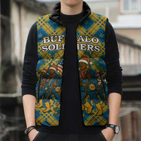 Buffalo Soldiers Christmas Sleeveless Puffer Jacket with Blue Yellow Plaid Parade Illustration Design - Wonder Print Shop