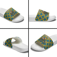 Buffalo Soldiers Christmas Slide Sandals with Blue Yellow Plaid Parade Illustration Design - Wonder Print Shop