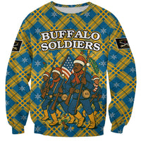 Buffalo Soldiers Christmas Sweatshirt with Blue Yellow Plaid Parade Illustration Design - Wonder Print Shop