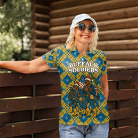 Buffalo Soldiers Christmas Women Polo Shirt with Blue Yellow Plaid Parade Illustration Design - Wonder Print Shop