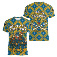Buffalo Soldiers Christmas Women V-Neck T-Shirt with Blue Yellow Plaid Parade Illustration Design - Wonder Print Shop