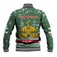 Hungary Christmas Baseball Jacket with Green Snowflake Pattern Santa Claus Motif - Wonder Print Shop
