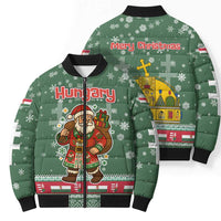 Hungary Christmas Bomber Puffer Jacket with Green Snowflake Pattern Santa Claus Motif - Wonder Print Shop