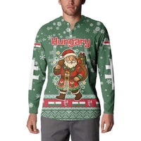 Hungary Christmas Button Sweatshirt with Green Snowflake Pattern Santa Claus Motif - Wonder Print Shop