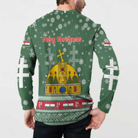Hungary Christmas Button Sweatshirt with Green Snowflake Pattern Santa Claus Motif - Wonder Print Shop