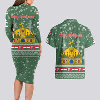 Hungary Christmas Couples Matching Long Sleeve Bodycon Dress and Hawaiian Shirt with Green Snowflake Pattern Santa Claus Motif - Wonder Print Shop