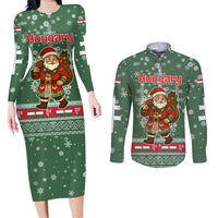 Hungary Christmas Couples Matching Long Sleeve Bodycon Dress and Long Sleeve Button Shirt with Green Snowflake Pattern Santa Claus Motif - Wonder Print Shop