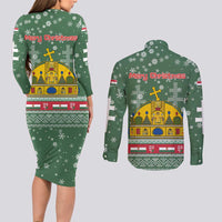 Hungary Christmas Couples Matching Long Sleeve Bodycon Dress and Long Sleeve Button Shirt with Green Snowflake Pattern Santa Claus Motif - Wonder Print Shop