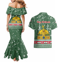 Hungary Christmas Couples Matching Mermaid Dress and Hawaiian Shirt with Green Snowflake Pattern Santa Claus Motif - Wonder Print Shop