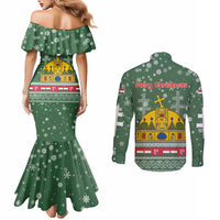 Hungary Christmas Couples Matching Mermaid Dress and Long Sleeve Button Shirt with Green Snowflake Pattern Santa Claus Motif - Wonder Print Shop