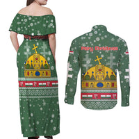 Hungary Christmas Couples Matching Off Shoulder Maxi Dress and Long Sleeve Button Shirt with Green Snowflake Pattern Santa Claus Motif - Wonder Print Shop