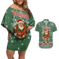 Hungary Christmas Couples Matching Off Shoulder Short Dress and Hawaiian Shirt with Green Snowflake Pattern Santa Claus Motif - Wonder Print Shop