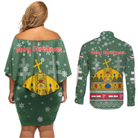 Hungary Christmas Couples Matching Off Shoulder Short Dress and Long Sleeve Button Shirt with Green Snowflake Pattern Santa Claus Motif - Wonder Print Shop