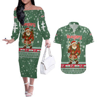 Hungary Christmas Couples Matching Off The Shoulder Long Sleeve Dress and Hawaiian Shirt with Green Snowflake Pattern Santa Claus Motif - Wonder Print Shop