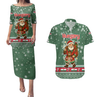 Hungary Christmas Couples Matching Puletasi and Hawaiian Shirt with Green Snowflake Pattern Santa Claus Motif - Wonder Print Shop