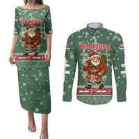 Hungary Christmas Couples Matching Puletasi and Long Sleeve Button Shirt with Green Snowflake Pattern Santa Claus Motif - Wonder Print Shop