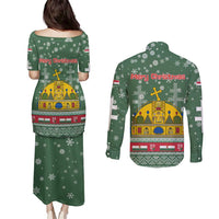 Hungary Christmas Couples Matching Puletasi and Long Sleeve Button Shirt with Green Snowflake Pattern Santa Claus Motif - Wonder Print Shop