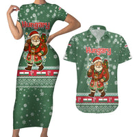 Hungary Christmas Couples Matching Short Sleeve Bodycon Dress and Hawaiian Shirt with Green Snowflake Pattern Santa Claus Motif - Wonder Print Shop
