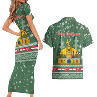 Hungary Christmas Couples Matching Short Sleeve Bodycon Dress and Hawaiian Shirt with Green Snowflake Pattern Santa Claus Motif - Wonder Print Shop