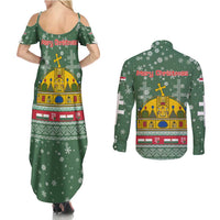 Hungary Christmas Couples Matching Summer Maxi Dress and Long Sleeve Button Shirt with Green Snowflake Pattern Santa Claus Motif - Wonder Print Shop