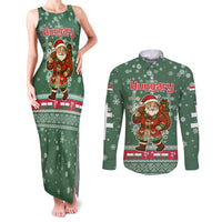 Hungary Christmas Couples Matching Tank Maxi Dress and Long Sleeve Button Shirt with Green Snowflake Pattern Santa Claus Motif - Wonder Print Shop