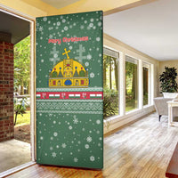 Hungary Christmas Door Cover with Green Snowflake Pattern Santa Claus Motif - Wonder Print Shop