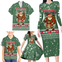 Hungary Christmas Family Matching Long Sleeve Bodycon Dress and Hawaiian Shirt with Green Snowflake Pattern Santa Claus Motif - Wonder Print Shop