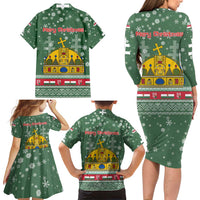 Hungary Christmas Family Matching Long Sleeve Bodycon Dress and Hawaiian Shirt with Green Snowflake Pattern Santa Claus Motif - Wonder Print Shop