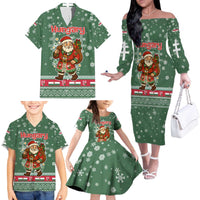Hungary Christmas Family Matching Off The Shoulder Long Sleeve Dress and Hawaiian Shirt with Green Snowflake Pattern Santa Claus Motif - Wonder Print Shop