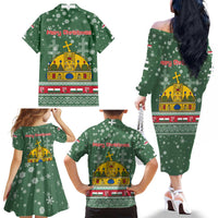 Hungary Christmas Family Matching Off The Shoulder Long Sleeve Dress and Hawaiian Shirt with Green Snowflake Pattern Santa Claus Motif - Wonder Print Shop