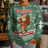 Hungary Christmas Kid Ugly Christmas Sweater with Green Snowflake Pattern Santa Claus Motif - Wonder Print Shop