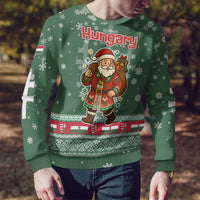 Hungary Christmas Ugly Christmas Sweater with Green Snowflake Pattern Santa Claus Motif - Wonder Print Shop