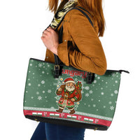 Hungary Christmas Leather Tote Bag with Green Snowflake Pattern Santa Claus Motif - Wonder Print Shop