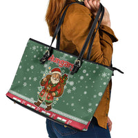 Hungary Christmas Leather Tote Bag with Green Snowflake Pattern Santa Claus Motif - Wonder Print Shop