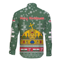 Hungary Christmas Long Sleeve Button Shirt with Green Snowflake Pattern Santa Claus Motif - Wonder Print Shop