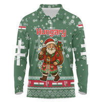 Hungary Christmas Long Sleeve Polo Shirt with Green Snowflake Pattern Santa Claus Motif - Wonder Print Shop