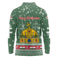Hungary Christmas Long Sleeve Polo Shirt with Green Snowflake Pattern Santa Claus Motif - Wonder Print Shop