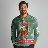 Hungary Christmas Long Sleeve Polo Shirt with Green Snowflake Pattern Santa Claus Motif - Wonder Print Shop