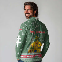 Hungary Christmas Long Sleeve Polo Shirt with Green Snowflake Pattern Santa Claus Motif - Wonder Print Shop