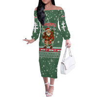 Hungary Christmas Off The Shoulder Long Sleeve Dress with Green Snowflake Pattern Santa Claus Motif - Wonder Print Shop