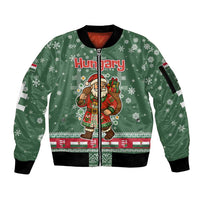 Hungary Christmas Sleeve Zip Bomber Jacket with Green Snowflake Pattern Santa Claus Motif - Wonder Print Shop